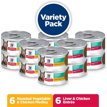 Hill'S Science Diet Adult Perfect Weight Wet Cat Food Variety Pack | #1 Veterinarian Recommended, Vegetable & Chicken and Liver & Chicken, 2.9 Oz. Cans, 12-Pack3