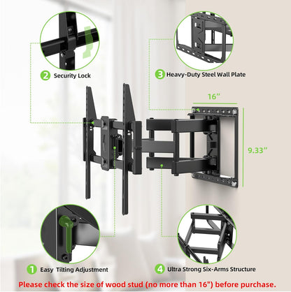 Full Motion TV Wall Mount for Most 42-90 Inch Flat Screen/Led/4K, TV Mount Bracket Dual Swivel Articulating Tilt 6 Arms, Max 16" Wood Studs, VESA 600X400Mm, Holds up to 132Lbs4