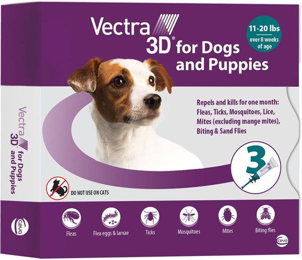 Vectra 3D Flea and Tick Prevention for Small Dogs 11-20 Lbs, 3‑Month | Kills and Repels Fleas, Ticks & Mosquitoes | Fast‑Acting, Waterproof, No Prescription Needed1