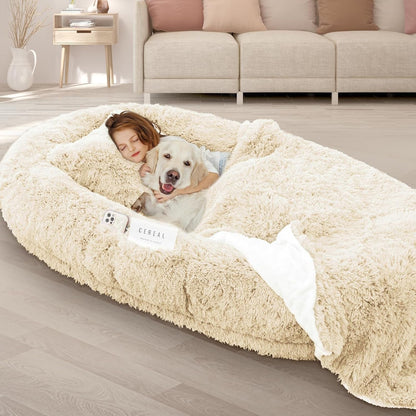 ROOMTEC Human Dog Bed, 71''X45''X12'' Size Fits Adult and Pet Washable Giant People Bed 10 CM Thick Memory Foam Large Oversize Pet Bed with Plump Pillow, Blanket, Strap - Grey20