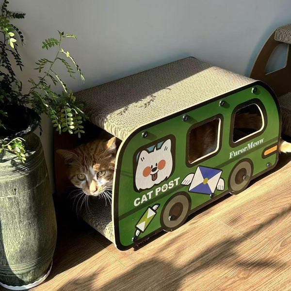 Cat Scratching House, Cat Cardboard House Green Bus, Long Scratching Post, 9X11.8X22 Inches, Fun Cube & Tunnel, Peekaboo Hideaway for Indoor Cats3