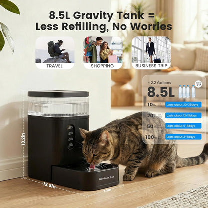 Gardner Pet 2.2 Gallon Automatic Dog Water Bowl Dispenser 8.5L Gravity Water Feeder with Stainless Steel Bowl & Maifan Stone Filter, Bpa-Free for for Cats and Dogs (Black, 2.2 Gallon)2