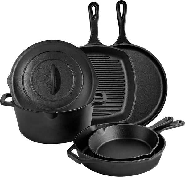 6 Piece Pre-Seasoned Cast Iron Cookware Set – Incl. 5QT Dutch Oven with Lid, 8'' and 10.25'' Cast Iron Skillets, 10.5'' round Griddle, and a Square Grill Pan for Kitchen, Stovetop, & Camping1