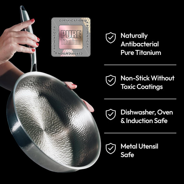 Titanium Pans for Cooking 12 Inch, No Coating Nonstick, with Lid | Pure Uncoated Titanium Frying Pan, Surface Sears to 750F, PFOA/PFAS/PTFE Free Skillets, Works on Induction and All Cooktops.2