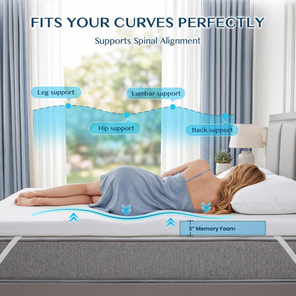 3 Inch Queen Memory Foam Mattress Topper, Ventilated Gel Mattress Topper for Back Pain Relief, Certipur-Us Certified, Removable Washable Cover, Wave Pattern Bed Topper,White2