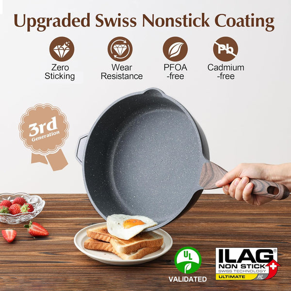 Nonstick Deep Frying Pan Skillet, 12-Inch Saute Pan with Lid, Stay-Cool Handle, Chef Pan Healthy Stone Cookware Cooking Pan, Induction Compatible, PFOA Free2
