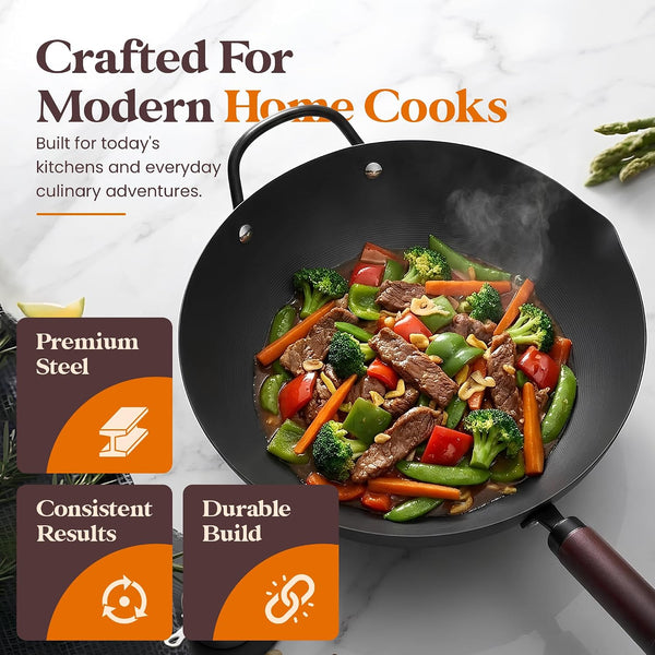 Carbon Steel Wok with Lid Ceramic Nonstick Flat Bottom Wok Pan Induction Compatible Stir Fry Wok Beech Wood Handle Glass Lid Healthy Cooking Wok for Gas Electric Ceramic Halogen Cooktops2