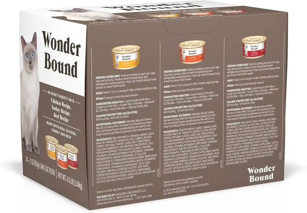 Amazon Brand - Wonder Bound Gourmet Wet Cat Food in Gravy Variety Pack (Turkey, Chicken, Beef), Poultry, Made in USA, 3 Ounce (Pack of 24)2