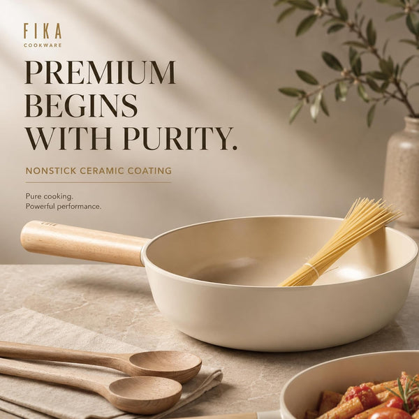 FIKA 10-Inch Nonstick Ceramic Coated Flat Bottom Wok Pan with Natural Wooden Handle, Induction Compatible, Deep Stir Fry Cooking Pan, Made in Korea (26Cm)9