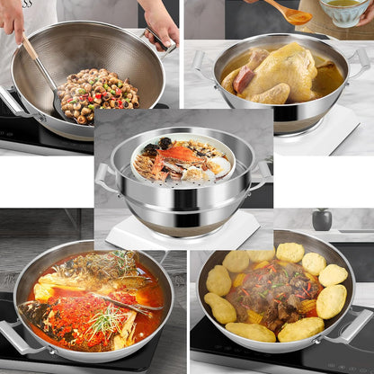 Titanium Hammered Wok with Double Handles, 2026 New Frying Pans Nonstick, Non-Stick Wok, Scratch-Resistant Non Stick Titanium Pans for Cooking,With Lid,14.17In7