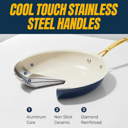 12 Pc Pots and Pans Set Non Stick Ceramic Cookware Set | Non Toxic PFOA/PFOS/PTFE Free, Stay Cool Stainless Steel Handles, Dishwasher and Oven Safe, Navy Gold6