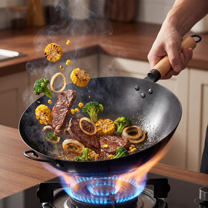 13.5" Carbon Steel Wok Pan, Pre-Seasoned Flat Bottom Wok for Stir Fry, BBQ, Grill & Camping, Compatible with Induction, Electric, Gas and Open Fire, Black2