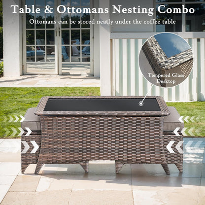 Luxury High Back Outdoor Furniture with 6-Inch Extra Thick Cushions, Patio Furniture Set with Swivel Chairs, 7 PCS Wicker Conversation Set for Yard, Deck, Poolside, Brown/Grey7