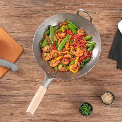 Carbon Steel Wok 1 Pack of 12 Inch Heavy-Duty Stir Fry Pan Silver Hand Hammered Wok Efficient Maneuvering Steel Helper Handle Uniform Heat Distribution Asian Cooking7