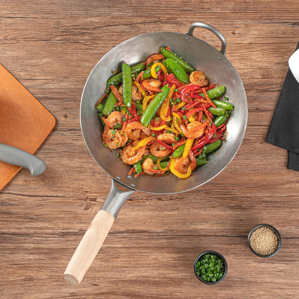 Carbon Steel Wok 1 Pack of 12 Inch Heavy-Duty Stir Fry Pan Silver Hand Hammered Wok Efficient Maneuvering Steel Helper Handle Uniform Heat Distribution Asian Cooking7