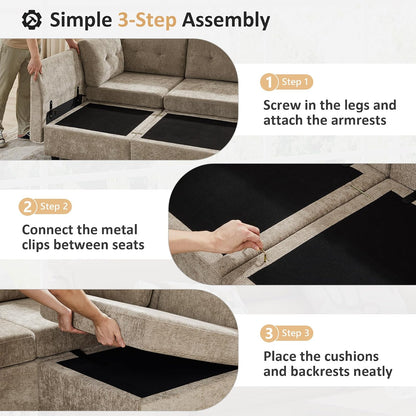Sectional U-Shaped Sofa for Living Room, Modualr Sofa Couch, Camel | 91" W Modular Sectional Sofa, 3 Seater Couches with Ottoman, Chenille Sofa for Living Room, Apartment, Office6