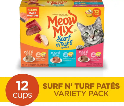 Meow Mix Paté in Gravy Surf N’ Turf Patés Variety Pack, Wet Cat Food, 2.75 Oz Cup, 12 Pack2