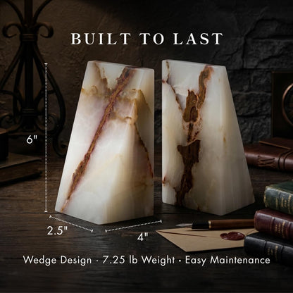 White Triangular Onyx Marble Bookends - Heavy-Duty Wedge Design, Modern Office and Bookshelf Organizer4