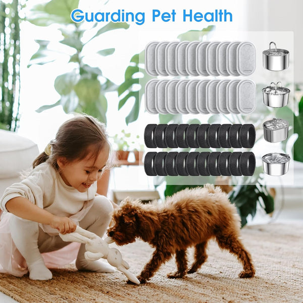 40 Pack Cat Water Fountain Filters-Cat Fountain Replacement Filters for Stainless Steel 108/3.2L& 67Oz/2L Adjustable Water Flow Pet Water Fountain(20 Pack Pet Water Filter Refills+20 Pack Sponges)7