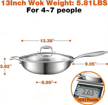 Woks & Stir-Fry Pans, 13 in Stainless Steel Pan with Lid, with Side Ear, Large Cooking Surface, Tri-Ply Stainless Steel Wok Pan, 3 Layer Stainless Steel Saute Pan, Works on Induction, 600℉3