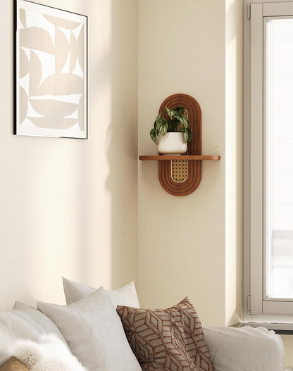 Floating Shelves for Wall, Boho Home Wall Decor,Rattan Plant Shelf Set of 2, Mid Century Small Decorative Shelf, Natural Wood Shelves for Living Room,Bedroom,House,Office (Walnut)4