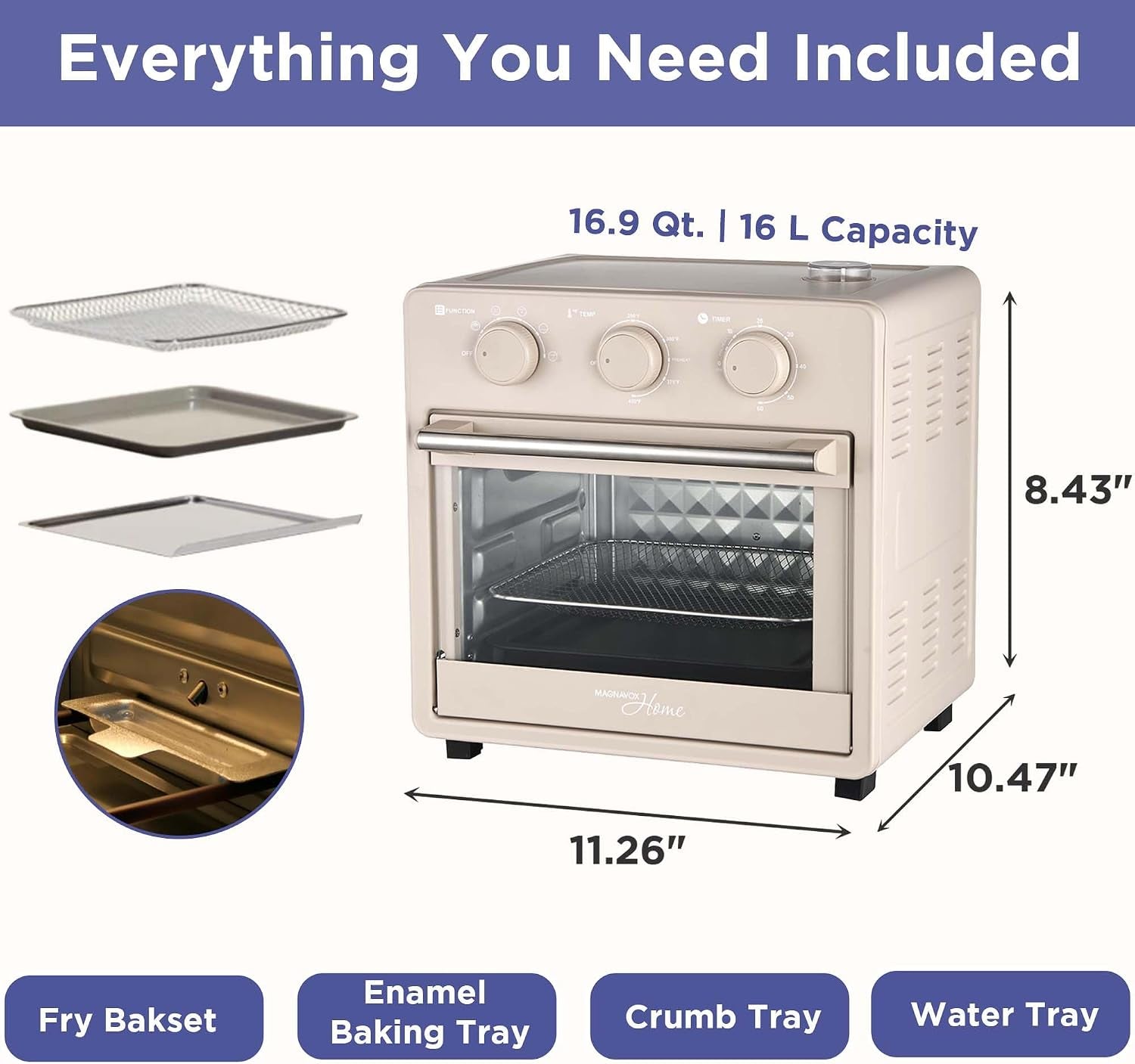 home-16-5-qt-air-fryer-oven-with-steam-infusion-cream-convection-countertop-oven-6-cooking-functions-200-450-f-temperature-control-interior-light-fry-basket-baking-tray-included
