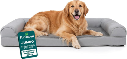 Furhaven Orthopedic Dog Bed for Large Dogs, Sofa-Style with Cool Gel-Top Foam with a Solid Orthopedic Foam Base for Joint Support, Removable Washable Cover, Jumbo XL, Plush & Suede, Gray1