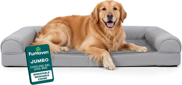 Furhaven Orthopedic Dog Bed for Large Dogs, Sofa-Style with Cool Gel-Top Foam with a Solid Orthopedic Foam Base for Joint Support, Removable Washable Cover, Jumbo XL, Plush & Suede, Gray1