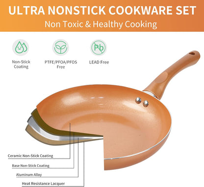 Pots and Pans Set Ultra Nonstick, Pre-Installed 11Pcs Cookware Set Copper with Ceramic Coating, Stay Cool Handle & Nylon Kitchen Utensils, Gas/Induction Compatible, 100% PFOA Free | Compact Nonstick Cooking Set, Induction Cookware Set, PFOA & PFAS Free, Non-Toxic Pots and Pans, Easy Food Release6