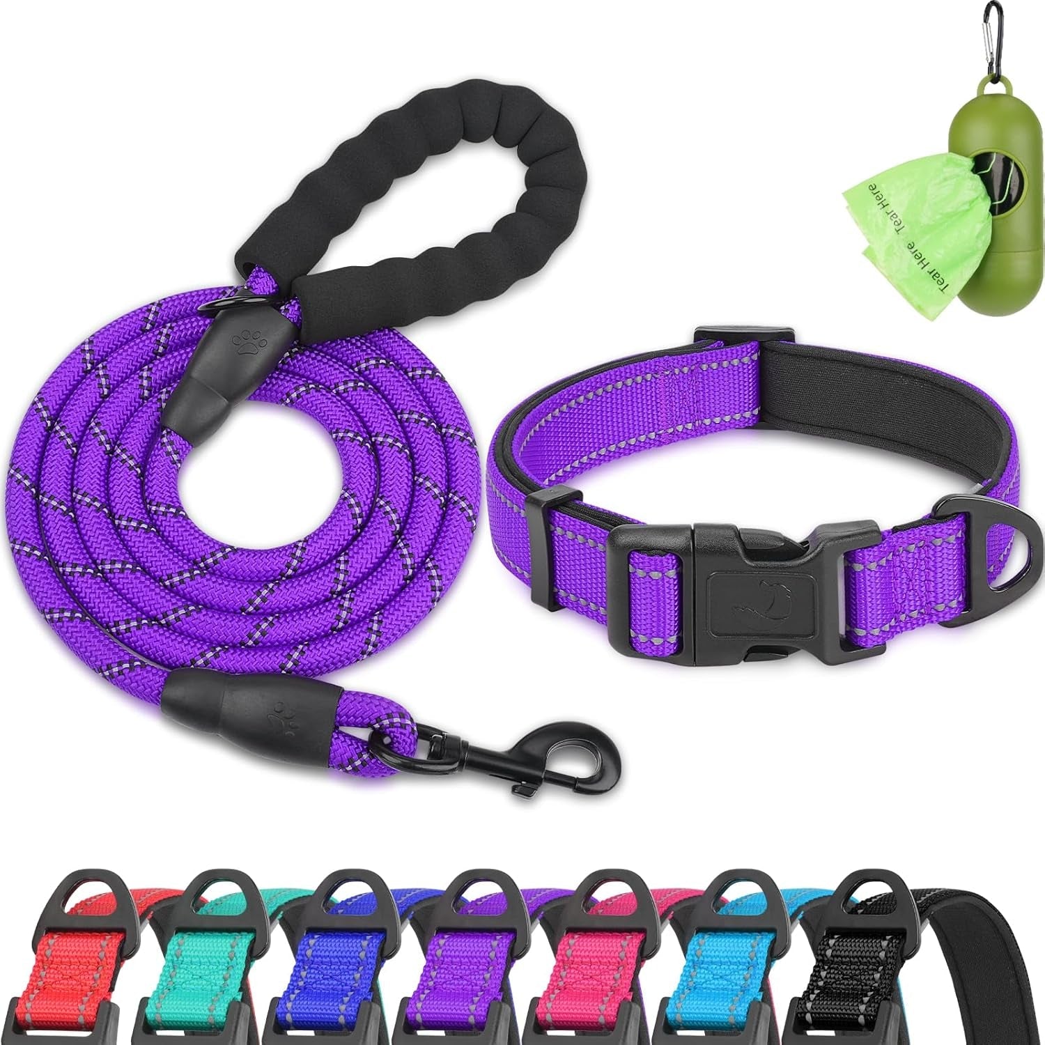 dynmeow-reflective-dog-collar-and-leash-set-for-large-dogs-teal-soft-neoprene-padded-6ft-climbing-rope-ideal-for-daily-outdoor-walking-or-indoor-wearing-night-visible-for-safety