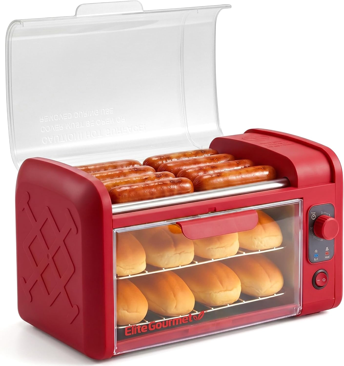 8-hot-dog-roller-toaster-oven-5-rollers-auto-shut-off-red-30-min-timer-stainless-steel-rollers-2-warming-racks-bun-warmer-drip-pan-cooks-brats-sausages-taquitos