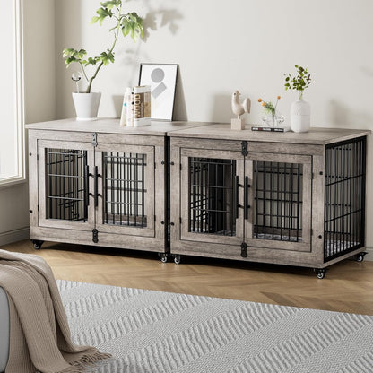 Medium Dog Crate Furniture, 32'' Heavy Duty Kennel W/Cushion & Wheels | Grey, Double Doors, Wooden Dog Cage, Chew-Resistant, End Table, Decorative, 27"/32"/38"/44" Options, Indoor9
