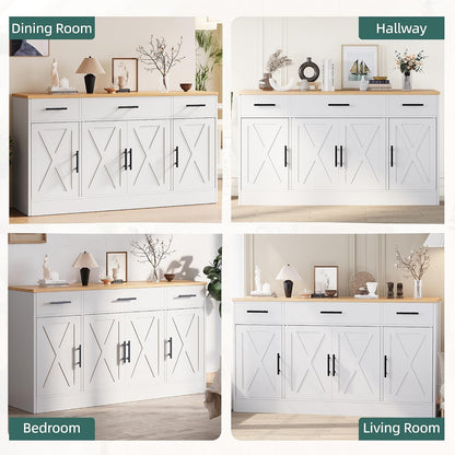 Buffet Cabinet with Storage,53.4" Large Kitchen Storage Cabinet with 3 Drawers and 4 Doors,Wood Farmhouse Buffet Sideboard with Adjustable Shelf for Kitchen Living Room, White5