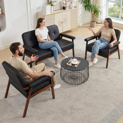 Black Leather Loveseat and Accent Chairs, Mid-Century Modern Office Furniture Sofa and Chair Set, Small Love Seat Couches with Wood Arm, 3 Pieces Living Room Furniture Sets (3)2