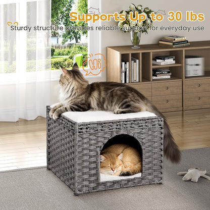 Snughome Handwoven Rattan Cat House - Indoor Foldable Cat Bed Cave with 2 Removable Bed Mats, Large Kitten House, Hideaway Pet Cube, 16.54 X 16.54 X 12.6 Inches, Grey, for Living Room & Bedroom6