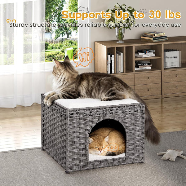 Snughome Handwoven Rattan Cat House - Indoor Foldable Cat Bed Cave with 2 Removable Bed Mats, Large Kitten House, Hideaway Pet Cube, 16.54 X 16.54 X 12.6 Inches, Grey, for Living Room & Bedroom6
