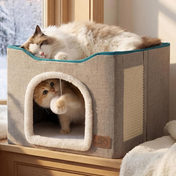 Bedsure Cat House Bed for Indoor Cats with Fluffy Ball and Scratch Pad,Grey | 16.5X16.5X13 In,Large Cat Cave for Multiple Pets,Foldable Cat Hideway Cube for Sleeping Kitten1