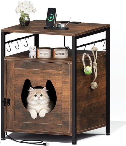 Large Cat Bed Nightstand with Charging Station, Cat Litter Box Furniture, End Side Table with Cat House1