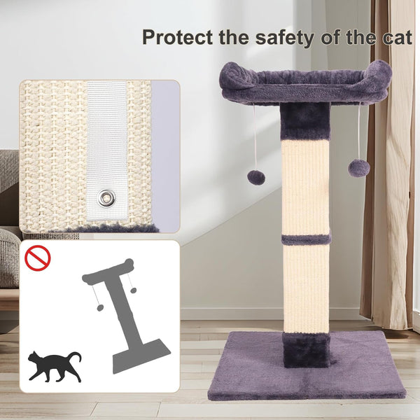 34" Cat Scratching Post for Indoor Cats, Sisal Cat Scratcher with Large Plush Perch, Vertical Posts with Elevated Bed and with Two Dangling Balls, Removable & Washable Cover, Dark Grey7
