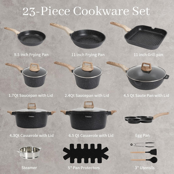 Pots and Pans Set, Nonstick Kitchen Cookware Sets，23Pcs Black Granite Induction Non-Toxic Healthy Kitchen Cooking Set W/Frying Pans, Saucepans, Griddle, Eggpan（Pfos, PFOA Free）2