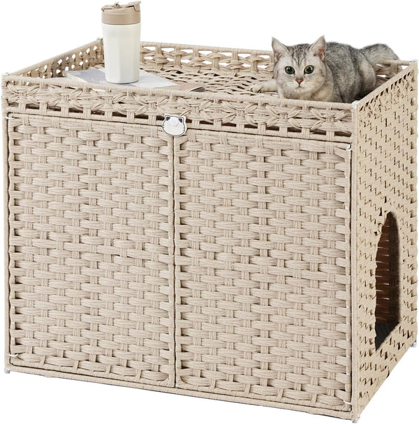 SETVSON Cat Litter Box Enclosure Furniture, Handwoven Rattan Hidden Litter Box with Mat, Large Space Cat House with 2 S-Shaped Hooks 30.3 X 18.3 X 24.4 Inches, Indoor for Living Room Apartment Natural10