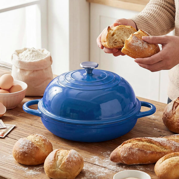 Dutch Oven Cast Iron Bread Oven with Cloche Dome Lid for Baking Sourdough, Artisan Bread, Pizza | Enameled Cast Iron Combo Cooker for Baking, Braising, Roasting | Magenta Enameled Finish7