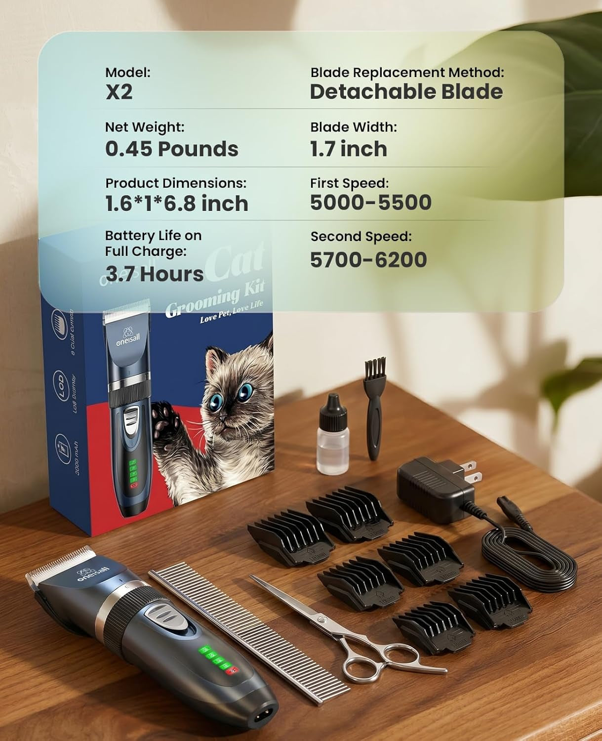 oneisall-quiet-cat-clippers-for-matted-hair-long-hair-cat-shaver-cordless-cat-grooming-kit-lcd-display-6-guard-combs-240-min-runtime-2-speed-low-noise-trimmer-for-cats-small-dogs