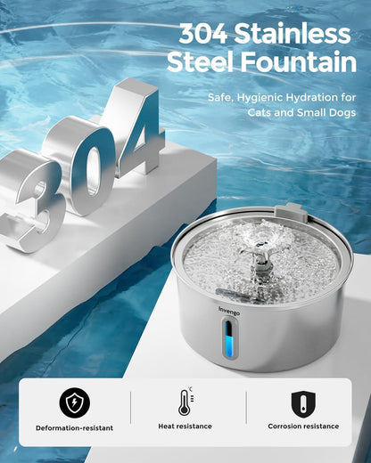 Cat Water Fountain Stainless Steel 3.2L/108Oz, Invengo Automatic Pet Fountain for Cats & Dogs, Ultra Quiet <25 Db Pump, Includes 4 Replacement Filters & Sponges, LED Water Level Window, Easy to Clean2