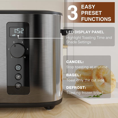 Toaster 4 Slice with Countdown Timer, Extra Wide Slots for Bagels and Waffles, 6 Browning Settings, Removable Crumb Tray, Stainless Steel4