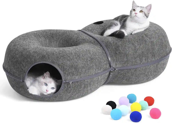 8-Shaped Large Cat Tunnel Bed for Indoor Cats, Infinite Circulation Peekaboo Cat Cave with 12 Toy Balls, Cat Donut Tunnel for Cats up to 30 Pounds (Dark Grey, L 38X24X11In)1