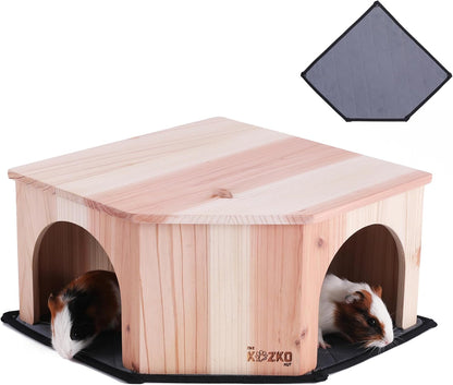 Wooden Guinea Pig Corner Hideout - Hidey for Chinchilla, Rat and Hedgehog with Pee Pad, Fully Assembled & Dual Entrances - Guinea Pig Accessories by the Kozko Hut1