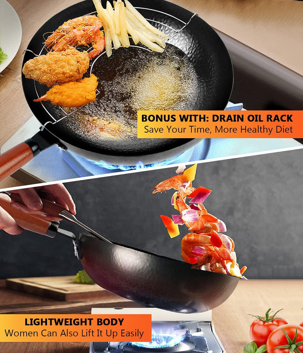 14 Piece Carbon Steel Wok Pan, Woks & Stir-Fry Pans Set with Wooden Lid Cookwares, No Chemical Coated Flat Bottom Chinese Pan for Induction, Electric, Gas, Halogen All Stoves - 12.6''7
