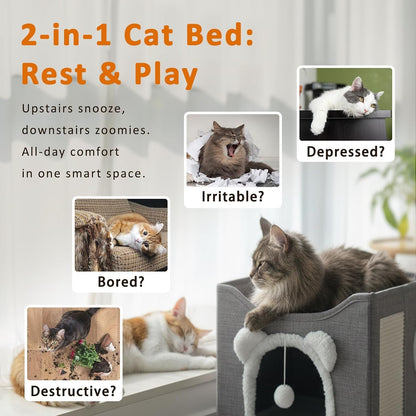 Cat Houses for Indoor Cats, Large Cats Bed Cave, Kitten Cube Box,Cat Condo with Scratching Pad, Hanging Fluffy Ball & Peekaboo Window, Foldable Hideaway Hand-Washable(16X16X13.3 Inches,Grey)5