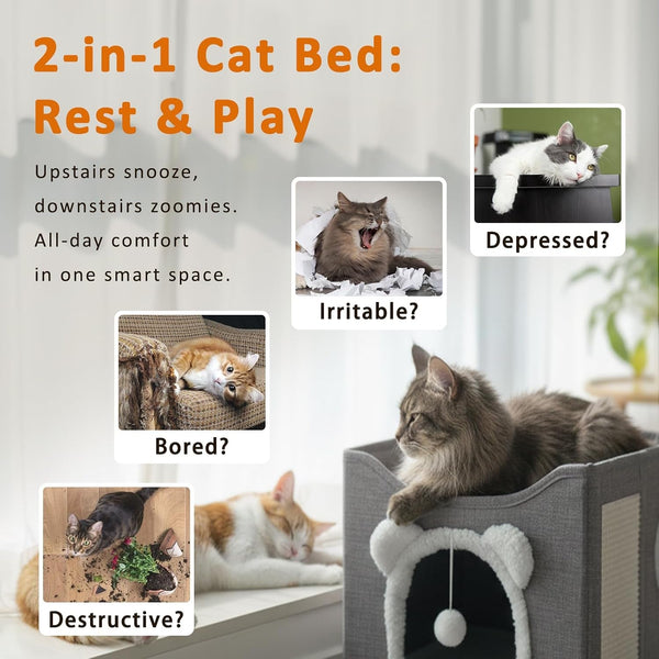 Cat Houses for Indoor Cats, Large Cats Bed Cave, Kitten Cube Box,Cat Condo with Scratching Pad, Hanging Fluffy Ball & Peekaboo Window, Foldable Hideaway Hand-Washable(16X16X13.3 Inches,Grey)5
